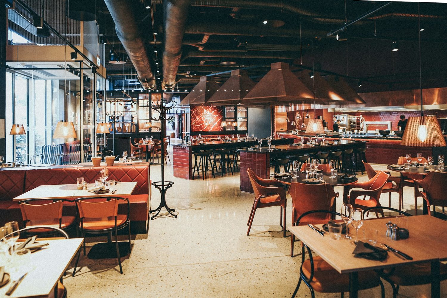 Restaurant dining room with an open kitchen