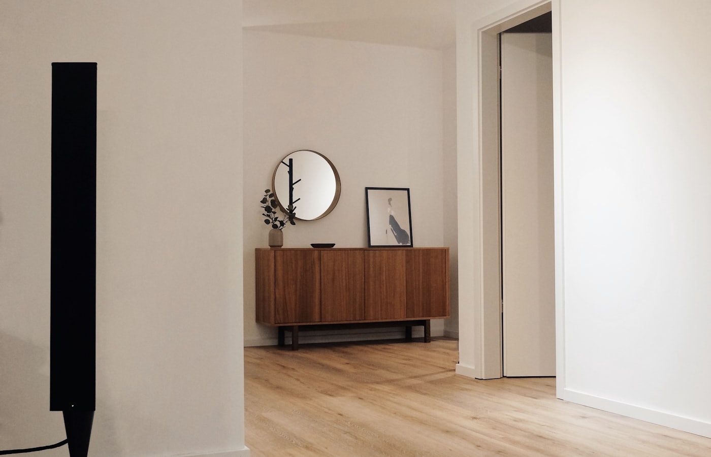 Renovated interior room with wood flooring
