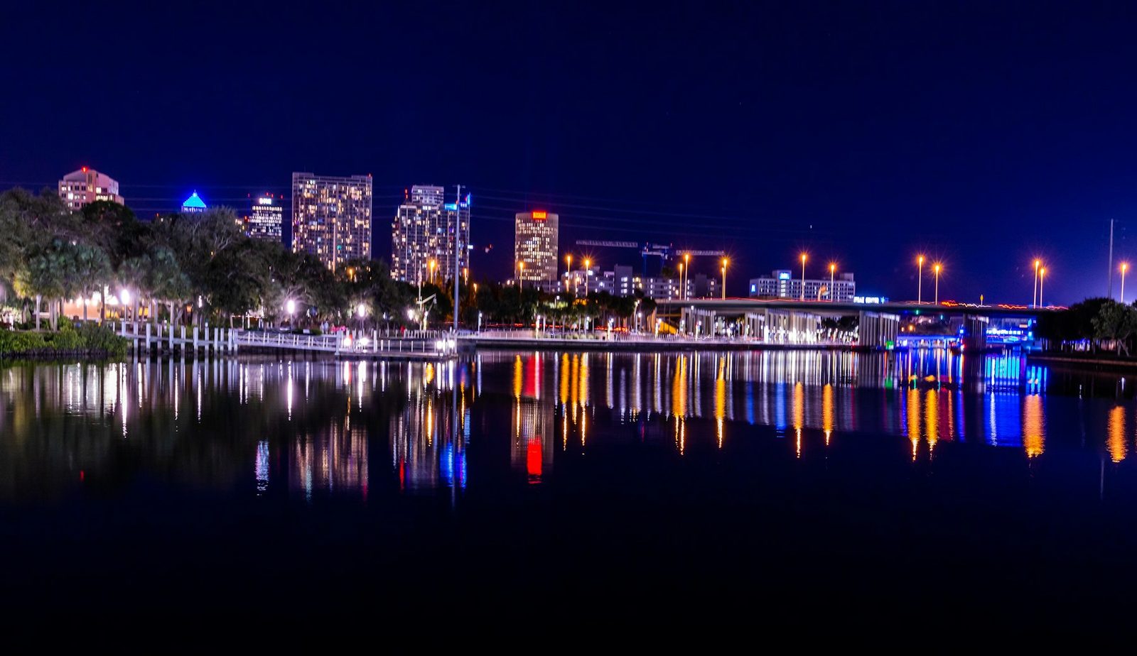 Tampa skyline across the water at night